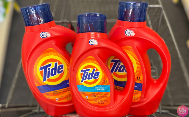 3 Tide Detergent Bottles in a Shopping Cart 3 Tide Detergent Bottles in a Shopping Cart