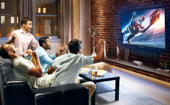 A Group of Men Watching a Football Game on TV and Cheering A Group of Men Watching a Football Game on TV and Cheering
