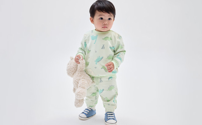 A Kid Wear GAP Factory Baby CloudLight Two Piece Sweat Set in Pod Green Dinosaurs Style