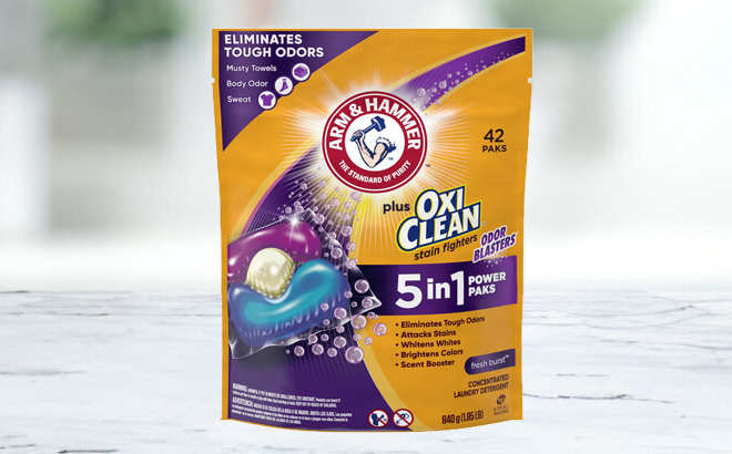 Arm and Hammer Fresh Burst 42 Count Laundry Detergent Paks Bag on a Table