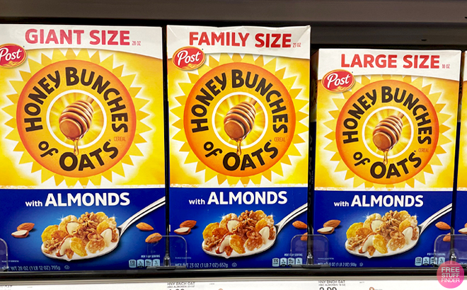 Boxes of Honey Bunches of Oats Cereal with Almonds on a Store Shelf