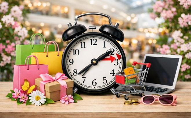Daylight Savings Time Clock Shopping Bags Laptop and Spring Flowers on a Table