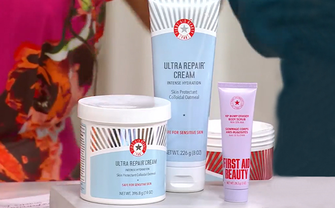 First Aid Beauty Ultra Repair Cream Duo with Mini KP on a Product Stand