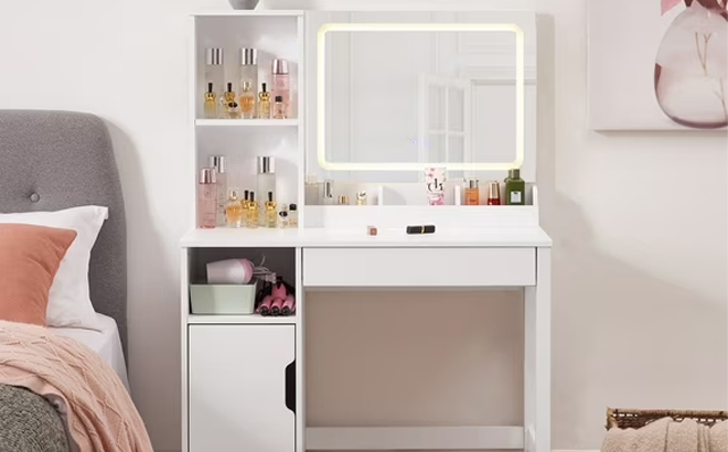 Mainstays Get Ready with Me GRWM Left Vanity Table with Lighted Mirror and Storage Mainstays Get Ready with Me GRWM Left Vanity Table with Lighted Mirror and Storage