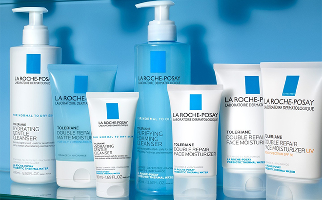 Multiple La Roche Posay Products on a Glass Shelf