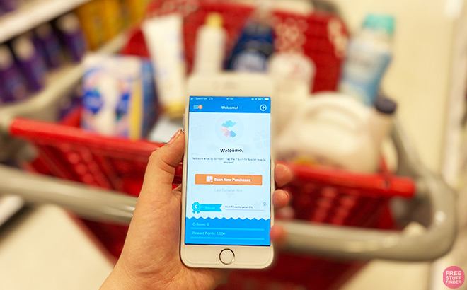 Hand Holding Phone with National Consumer Panel in Front of a Full Shopping Cart Hand Holding Phone with National Consumer Panel in Front of a Full Shopping Cart