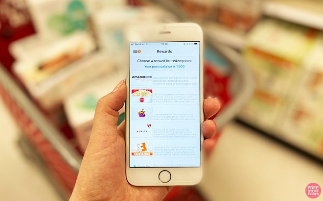 Hand Holding Phone with National Consumer Panel Rewards in Front of a Shopping Cart and a Shelf Hand Holding Phone with National Consumer Panel Rewards in Front of a Shopping Cart and a Shelf