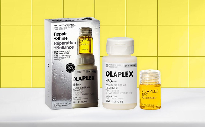 Olaplex Mini No 3PLUS Bond Repair Treatment and No 7 Hair Oil Set on the Table