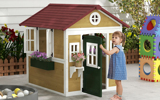 Outsunny Wooden Playhouse for Kids