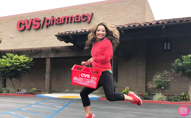A Woman Jumping and Laughing in Front of CVS A Woman Jumping and Laughing in Front of CVS